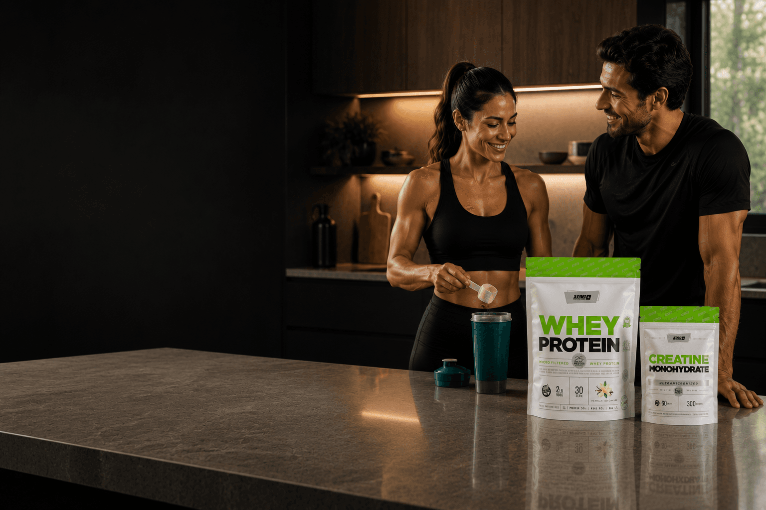 Pareja preparando su batido de proteína en la cocina